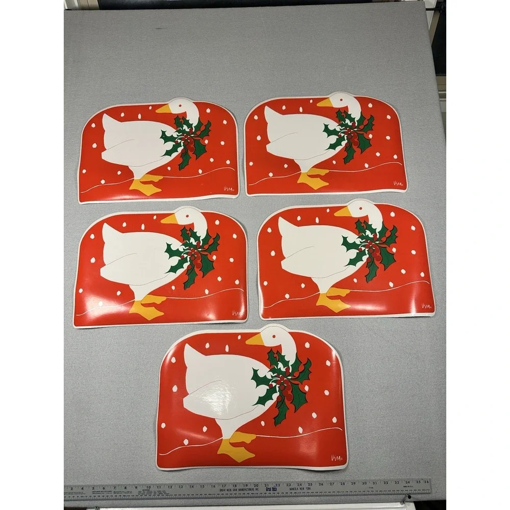 VTG Vinyl Christmas Placemats Duck Goose Holly Set of 5 Vera Neumann 80s 90s